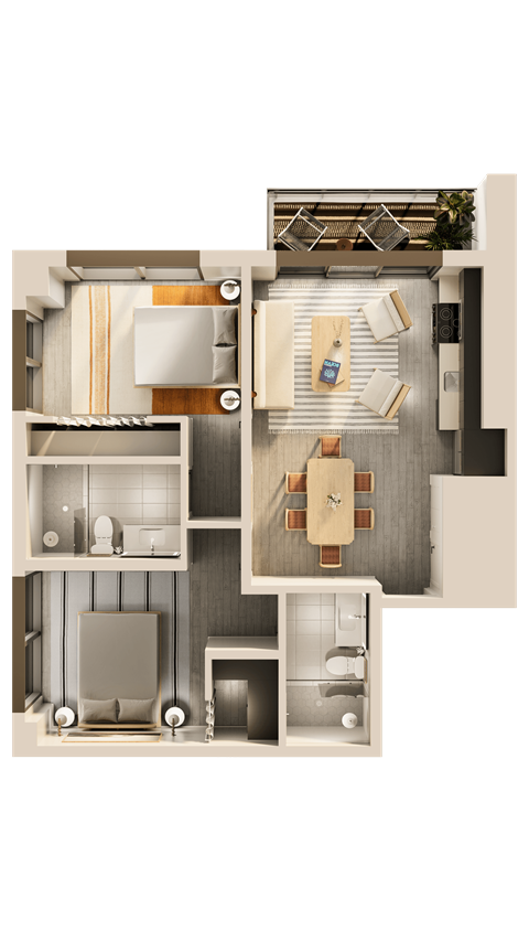 A 3D floor plan of a small apartment with a kitchen, living room, and bathroom.